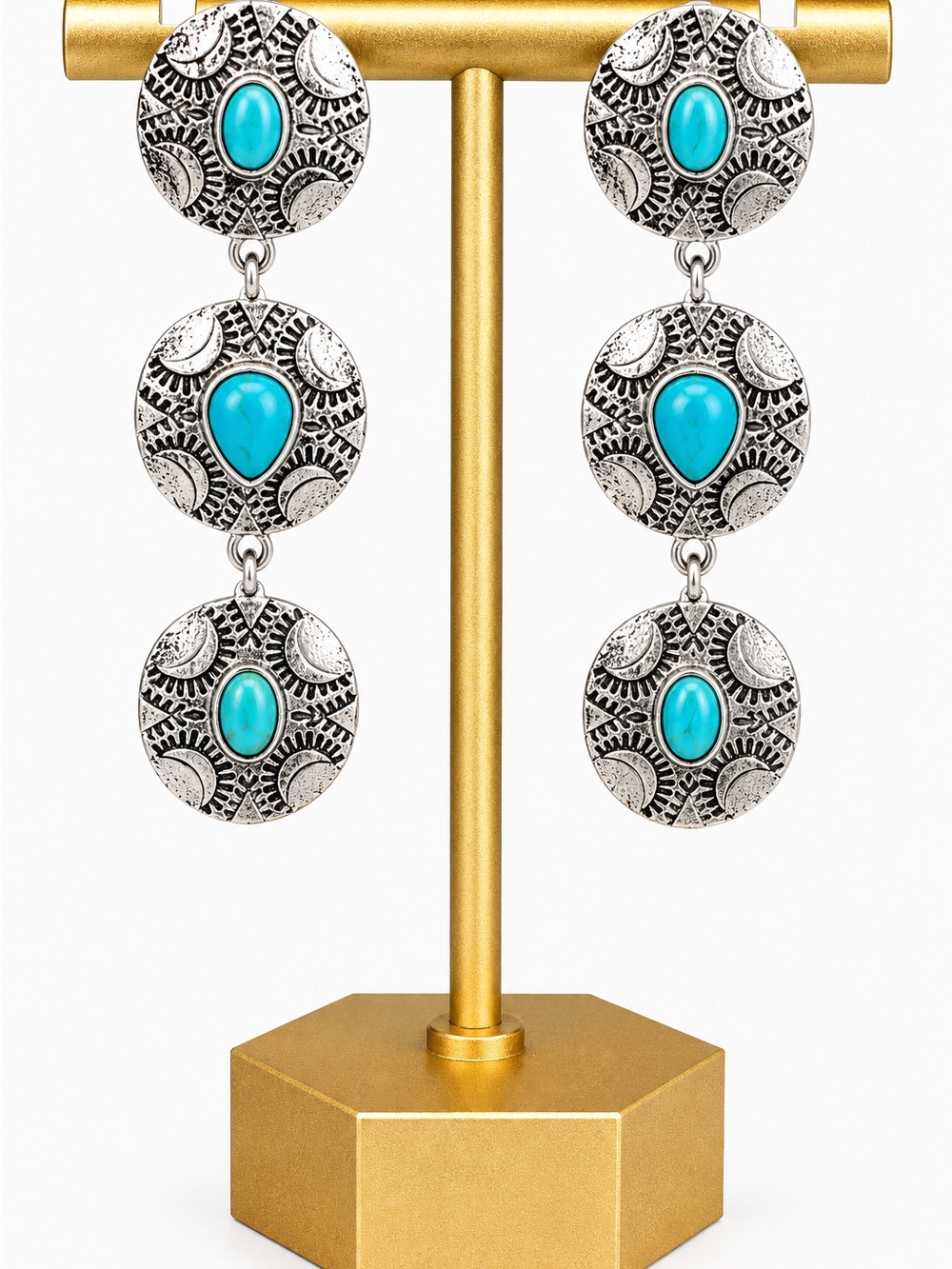 Vintage Southwest Style Turquoise Look Triple Drop Earrings Silver Toned Concho